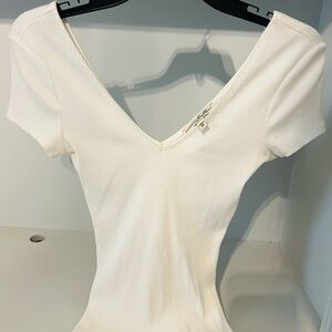 Express White Ribbed V-Neck Top